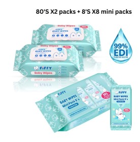FIFFY EDI PURIFIED WATER BABY WIPES COMBO (80'S X2 + MINI PACK 8'S X8) TISU BASAH (FO26002)