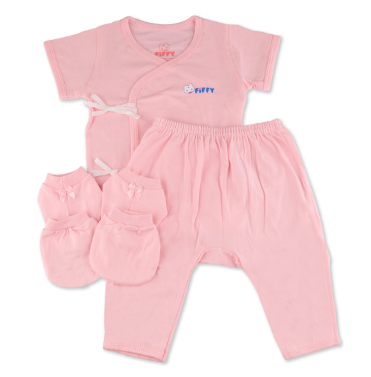 FIFFY NEWBORN SHORT SLEEVE SUIT + MITTENS & BOOTIES