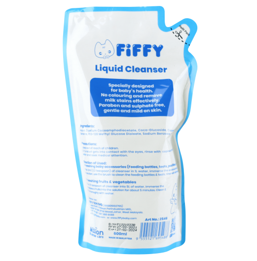 FIFFY BABY LIQUID CLEANSER REFILL PACK NO FLAVOUR (600ML)