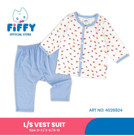 FIFFY SOFT RIBBED DOT LONG SLEEVE VEST + LONG PANTS SUIT BAJU BAYI (4026824)