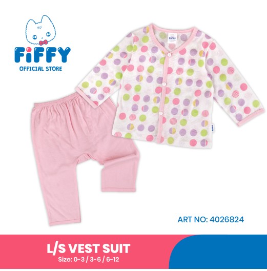 FIFFY SOFT RIBBED DOT LONG SLEEVE VEST + LONG PANTS SUIT BAJU BAYI (4026824)