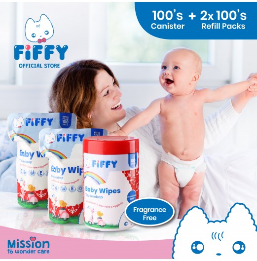 FIFFY BABY FRAGRANCE FREE WIPES 100'S CAN + 100'S REFILL X 2