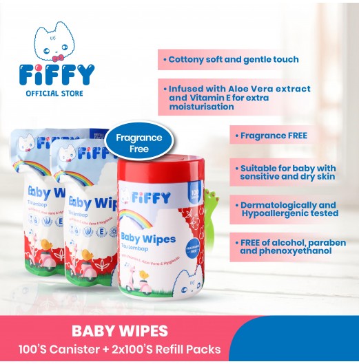 FIFFY BABY FRAGRANCE FREE WIPES 100'S CAN + 100'S REFILL X 2