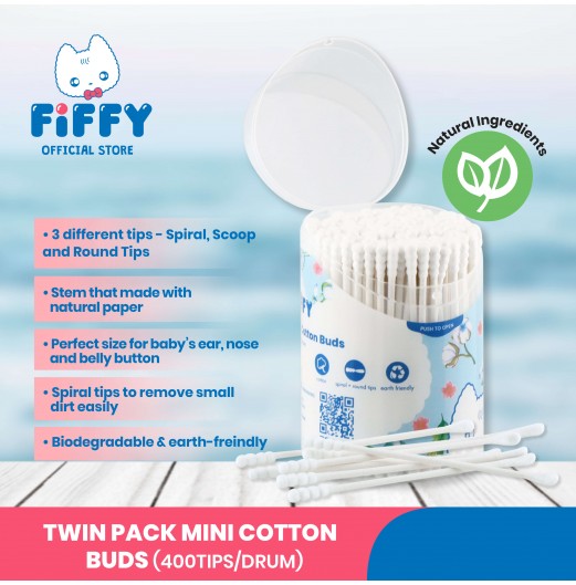 FIFFY PUTIK KAPAS BAYI TWIN PACK MINI COTTON BUD (100PCS x 2 DRUMS) (98-643)