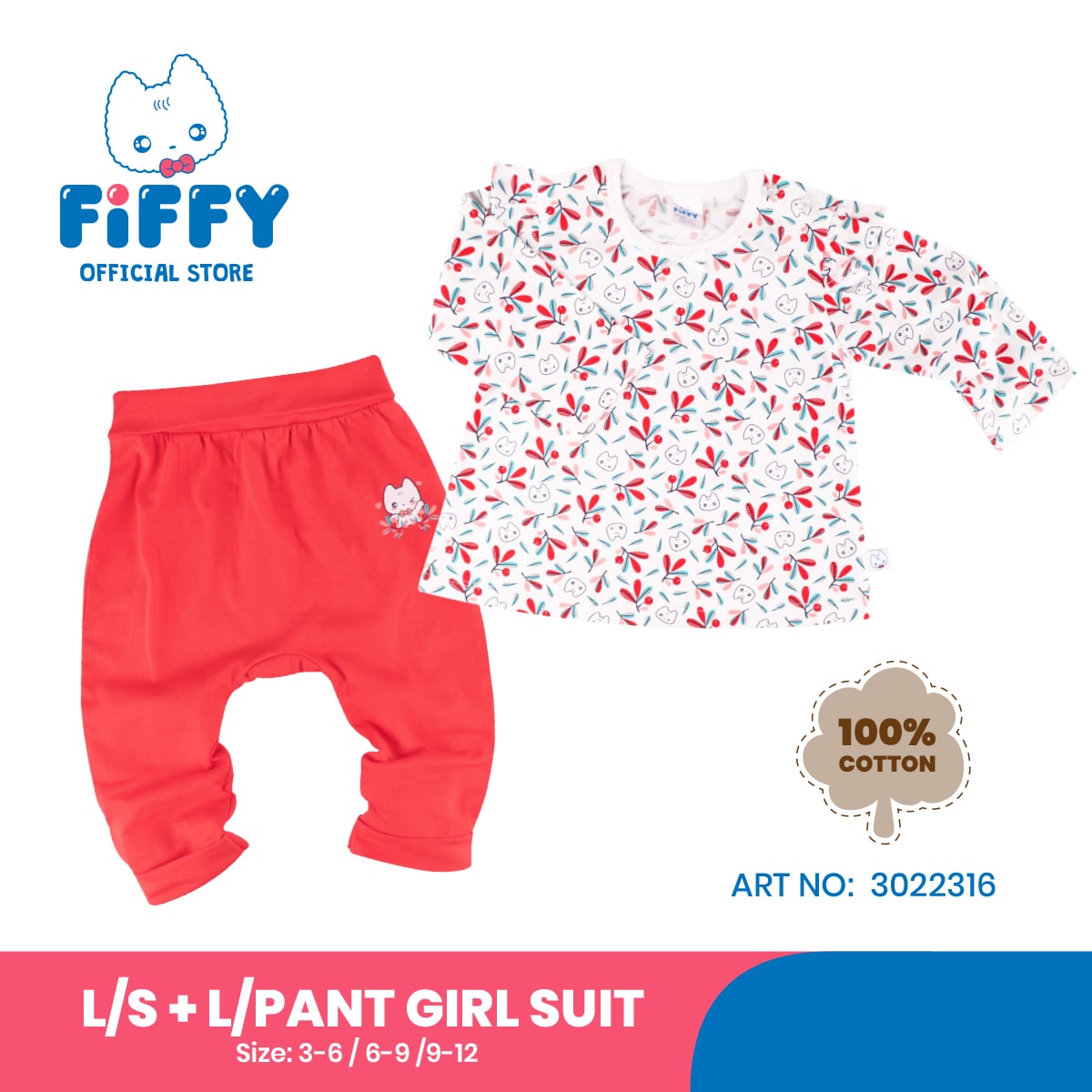 FIFFY RED CHERRY LONG SLEEVE VEST+ LONG PANT GIRL SUIT