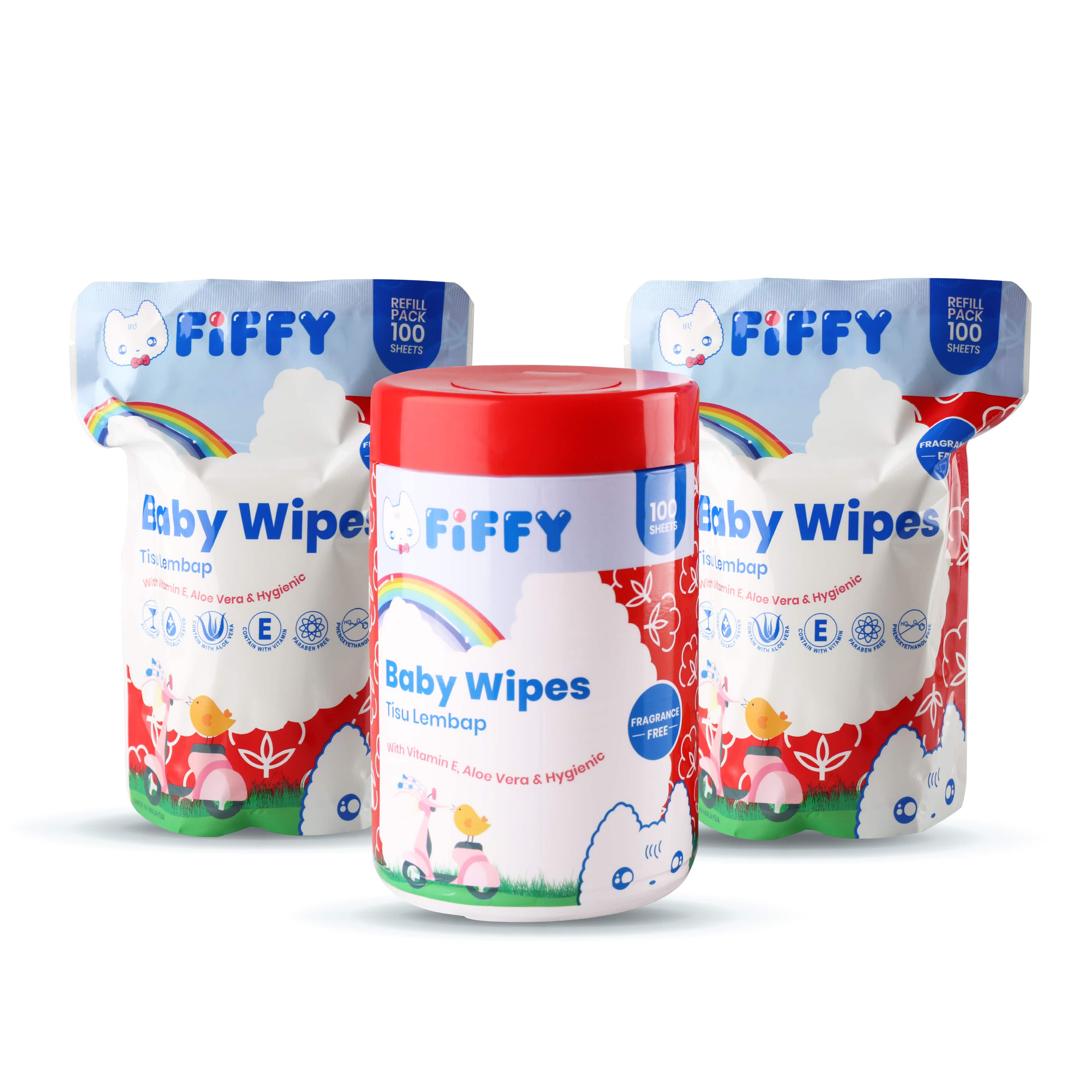 FIFFY BABY FRAGRANCE FREE WIPES 100\'S CAN + 100\'S REFILL X 2